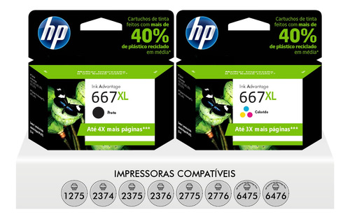 Kit Cartuchos Hp 667 Xl Preto Color 1275 2376 2775 2776 6475