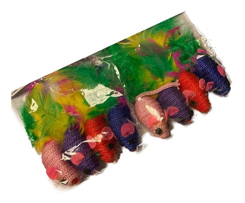 Imagem 2 de 2 de Brinquedos Para Gatos Ratinhos Com Penas Coloridas 8 Peças