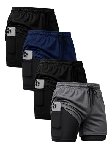 Kit 4 Shorts 2 Em 1 Duplo Bolso Para Academia Treino Corrida Preto/cinza/azul-marinho Lisa G