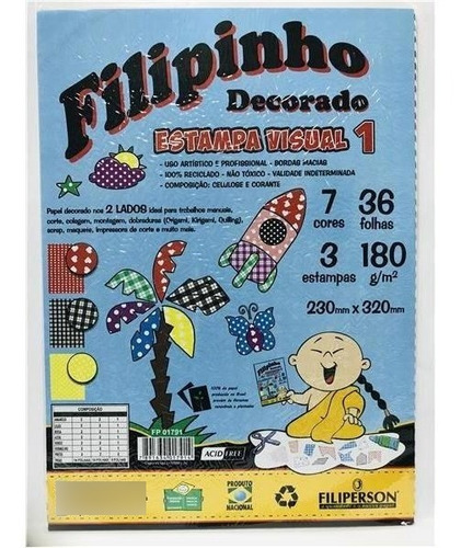 Papel Decorado Visual 1 180g Filipinho 7 Cores Com 36 Folhas