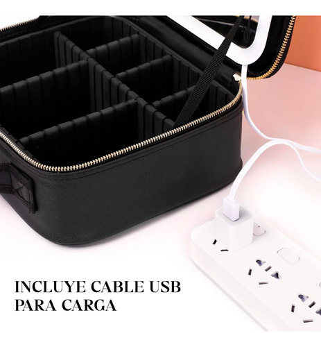 Porta Cosméticos Neceser Con Espejo Led Recargable Usb Rosa Lisa