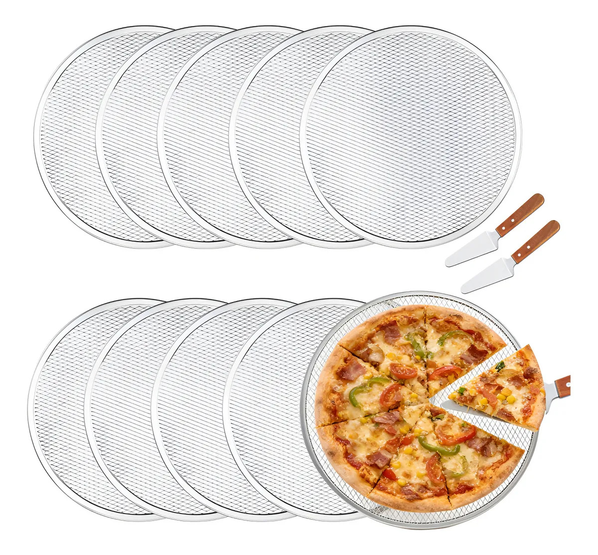 Pack 10 Charolas Redondas de Malla para Pizza Familiar, de Aluminio de 18" (45.5 cm), con 2 Palas
