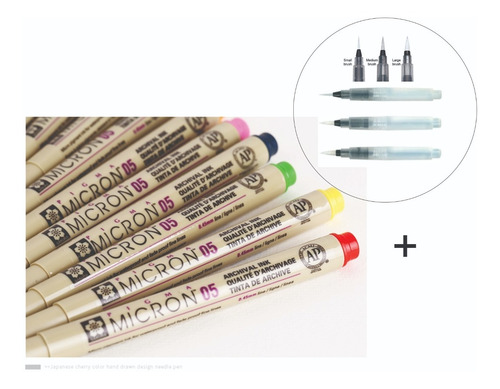 Imagem 1 de 10 de Kit 6 Caneta Nanquim Colorido 0.5 + 3 Water Brush