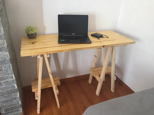 Escritorio Mesa Con Caballetes - Madera Maciza Al Natural