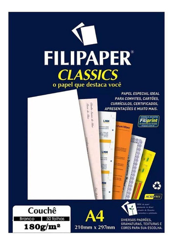 Papel Couchê Branco A4 210x297mm 180g/m² Filipaper 50 Folhas