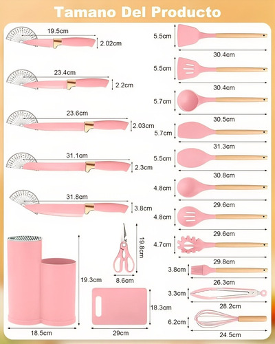 Set De Cubiertos Utensilios De Silicona Y Madera 19 Piezas Rosa