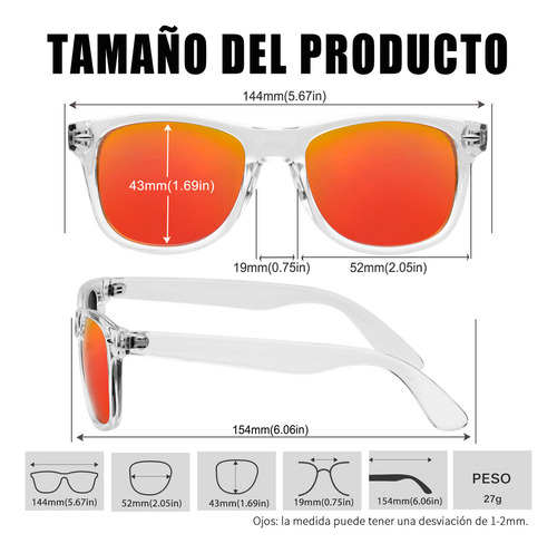Anteojos De Sol Polarizados Kanastal Talle Unitalla (medianos/m/142mm & 50mm) Diseño Transparente Rojo Armazón Transparente Y Lente Naranja Deportivo Manejar Moda Clásico Retro Vintage Unisex