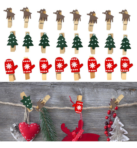 Ml 24x Clips De Madera Navideños, Soporte Para Fotos De