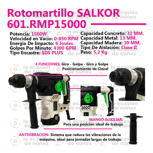 Rotomartillo Industrial Salkor 1500w 4300gpm Kit + Maletin