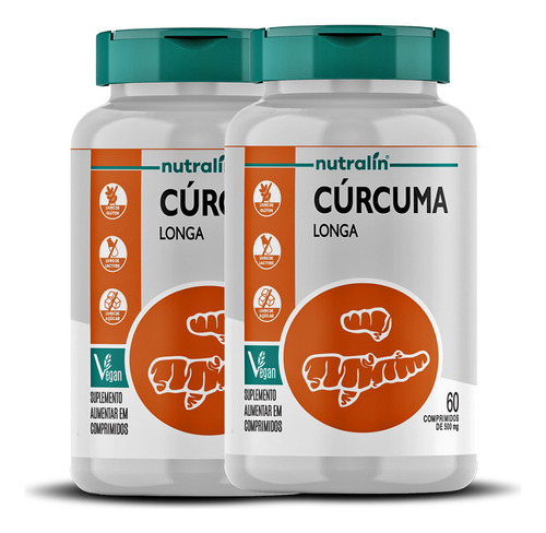 Kit 2 Cúrcuma Longa Nutralin 60 Comprimidos 500mg Vegano Sabor Sem Sabor