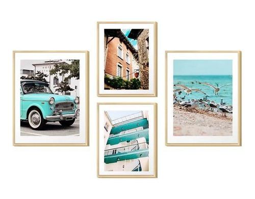 Quadros Vintage Carro Mar Praia - Kit 4 Peças - 88x64cm