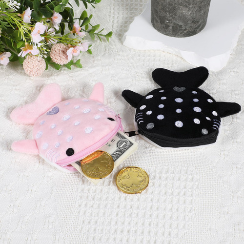 Monedero Kawaii De Felpa Con Cierre X2u - Ballena Rosa Negro