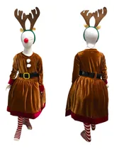 Comprar Disfraz Vestido Reno Rodolfo Niña Santa Claus Café Navidad Duende Pastorela Con Diadema, Nariz Y Medias