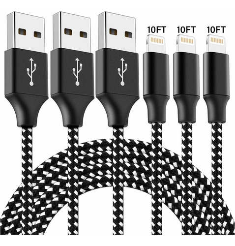 Tdnh Mfi Certified iPhone Charger 3pack 10ft Extra Long Usb