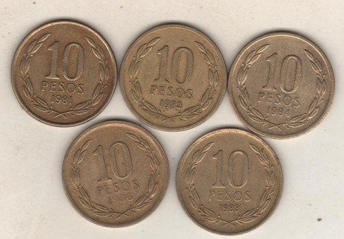 Chile Lote De 5 Monedas Diferentes De 10 Pesos - Km 218