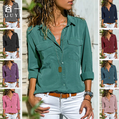 Camisa Casual Para Mujer Camisa De Solapa De Color Sólido