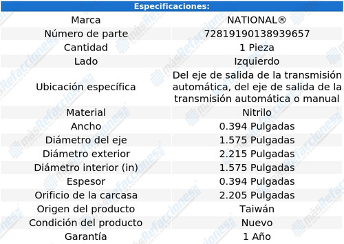 1 Retén Transmisión Izq P/honda Accord 98 Al 12 National