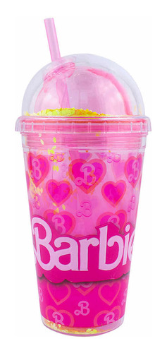 Termo Barbie Rosa Vaso Doble Pared Tapa Domo Popote Pelicula