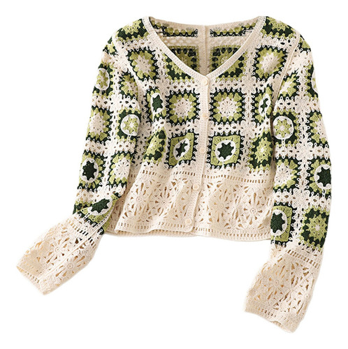 Crochet Crop Cardigan Suelto Holgado Suéter Abrigo Moda (gn)