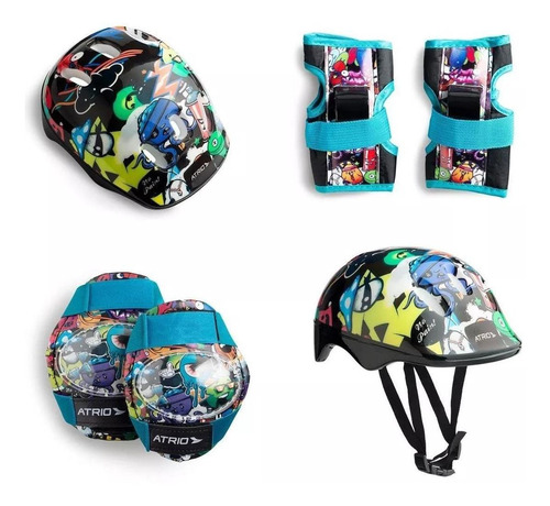 Kit Atrio Infantil Es200 Monstro  Capacete Luva Joelheira