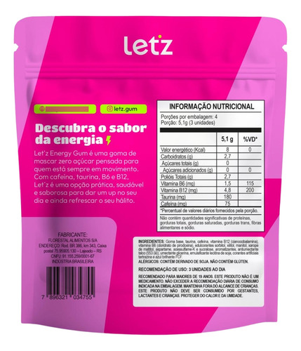 Chiclete Energético Let'z Gum Energia Trabalho Fit 9 Pacotes Menta