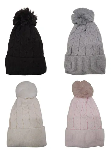 Gorro De Invierno De Dama Abrigo Con Forro Interno Pompón Gris 1