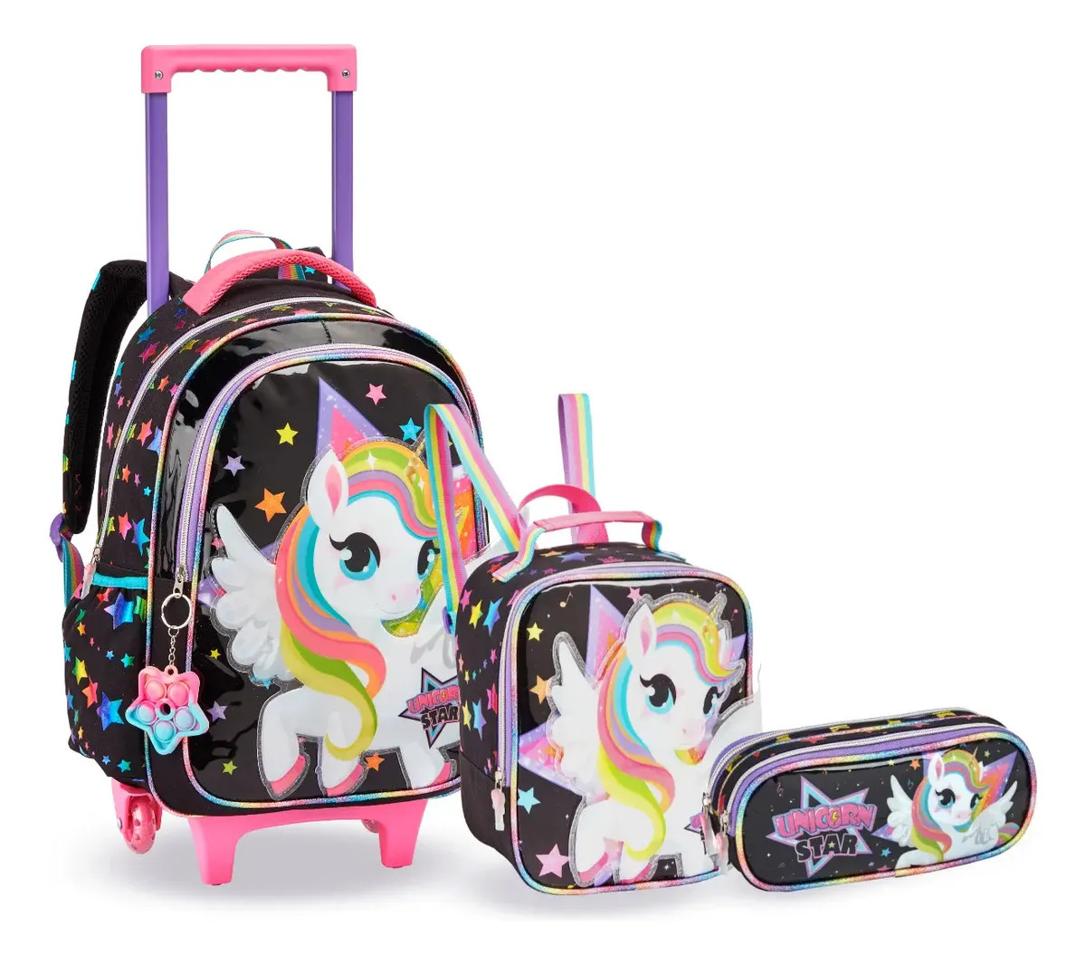 Kit Mochila Rodinha Infantil Feminino Grande Menino Com Alça Cor Unicornio Rock Star Desenho do tecido Colorido