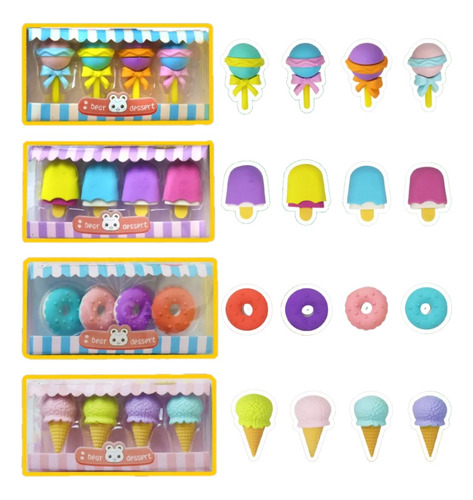 4 Cajas 16pz Gomas Borrador Kawaii Varias Formas Papeleria