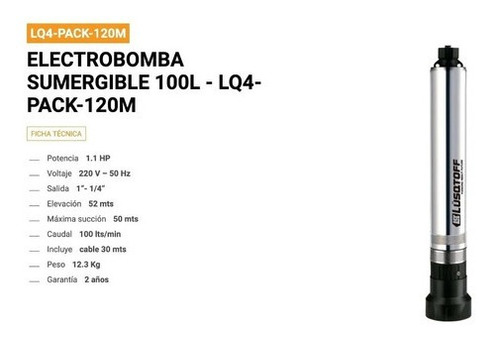 Imagen 2 de 4 de Electrobomba Sumergible Pozo Lusqtoff Lq4-pack-120m
