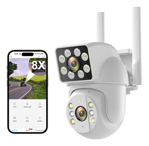 Cámara PTZ Wifi 8MP, 5G, doble lente, zoom 8x, impermeable IP66, con alarma y seguimiento automático, ideal para vigilancia exterior a todo color.
