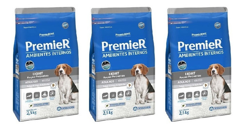 Ração Premier Amb. Int. Cães Adultos Light 2,5kg Kit 3 Unid.