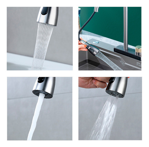 Cuba Cascata Premium Revomax Cor Prata Completa Com Acessórios Torneira Monocomando E Lavador De Copos Para Cozinha Gourmet Em Aço Inox 304