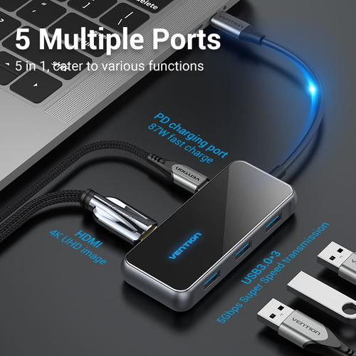 Hub Usb Multipuerto Vention - 5 En 1 - Usb C A Hdmi + 3 Puertos Usb 3.0 + Power Delivery Usb C 87w - 4k 60hz - Carcasa Aluminio - 15 Cm - Premium Para Teclado / Disco Rigido / Mac / Laptop - Tfbhb