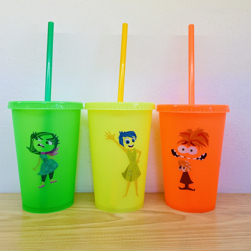 18 Vasos Intensamente, Plástico Con Popote Reutilizable Multicolor