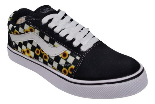 Zapatos Vans Clasicas Girasoles Damas Negra Linea Blanca | MercadoLibre