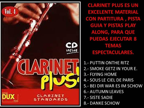 Imagen 1 de 4 de Clarinete Plus Pistas En Mp3 Y Partituras En Pdf 4 Vol.