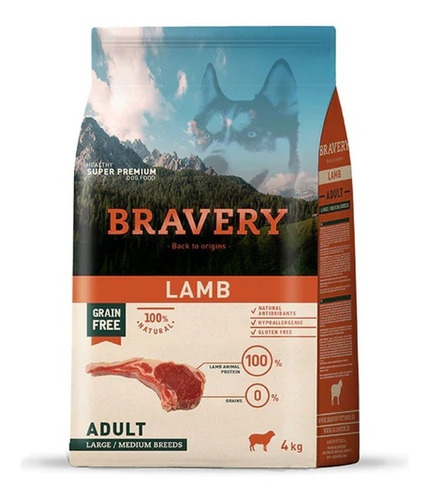 Alimento Para Perros Raza Grande Adulto Bravery Cordero 4kg
