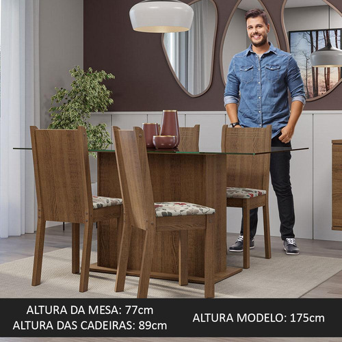 Sala De Jantar Mesa Tampo De Vidro 4 Cadeiras Espanha Madesa Cor Rustic/hibiscos