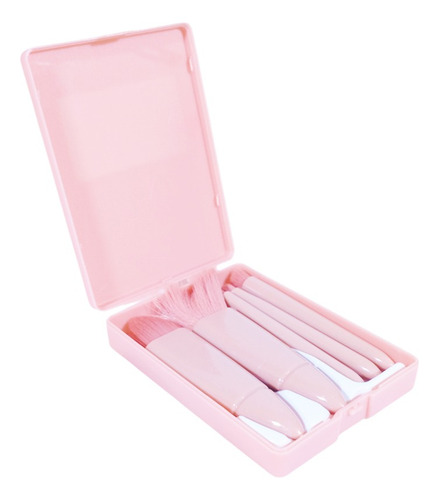 Set Brochas Maquillaje Portatil Estuche Rosa Crema