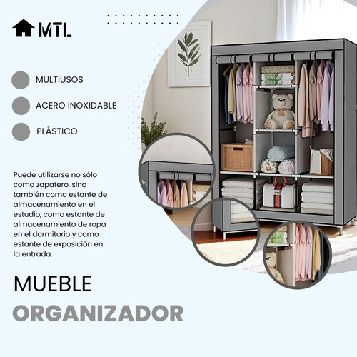ARMARIO PORTATIL ORGANIZADOR De ROPA PLEGABLE MTL Color Gris Con ESTANTES POLIESTER ANTIHUMEDAD FACIL ARMADO RESISTENTE GUARDARROPA CLOSET PERCHERO HOGAR