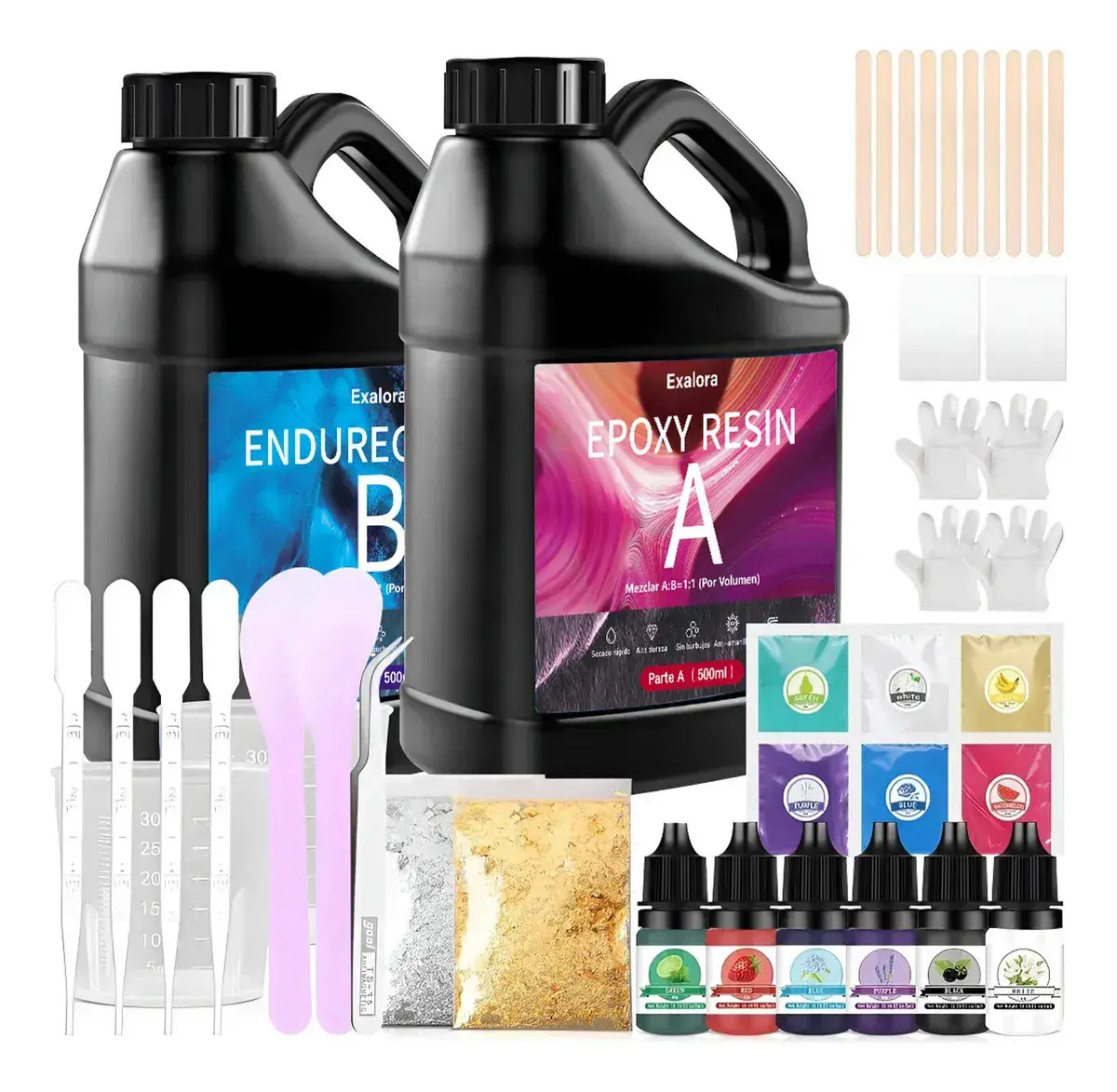 Kit de Resina Epoxi Transparente para Manualidades y Joyería con Herramientas, 1000ml de Pegamento AB 1:1 de Exalora