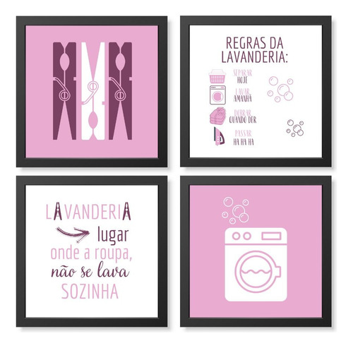 Kit Quadro Decorativo Lavanderia Rosa Com Moldura E Vidro Armação Preta