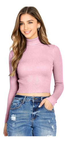 Sweater Crop Top Cuello Tortuga Tejido Canalé