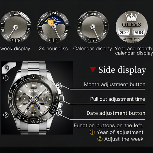 Reloj Automático Olevs 6654 Moon Phase Chronograph Color del fondo Gris