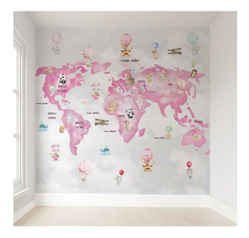 Papel De Parede Infantil Mapa Aquarela Autocolante 11m² Vr66