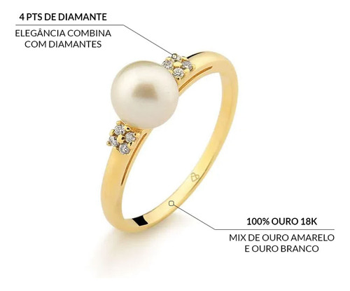 Anel Em Ouro 18k Com Pérola E 4 Pontos De Diamante Aro 17