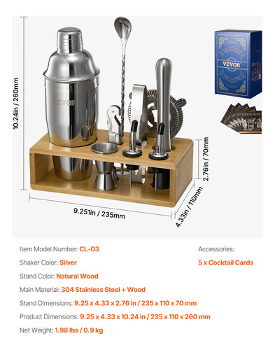Vevor Juego Completo De Coctelera 10 Uds Acero Inoxidable