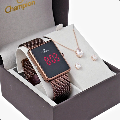 Relógio de pulso digital Champion CH40080 com corria de aço cor marrom - fondo preto