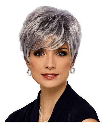 Peluca For Mujer Peluca Corta Con Flequillo Cabello Gris