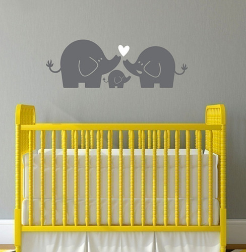 Vinilo Decorativo Elefante Bebe Con Padres Corazon Cuarto